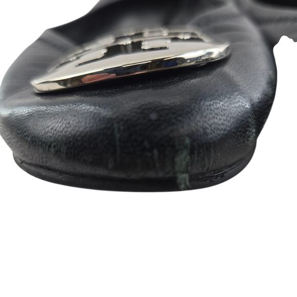 Tory Burch Reva Travel Ballet Flats Womens 10 Black Leather Silver Logo Preppy - Picture 5 of 15